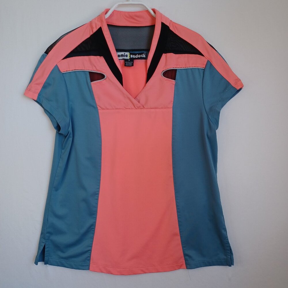 Jamie Sadock Womens Colorblock Mesh Cutout Golf Polo Shirt Pink Blue Medium - Picture 2 of 9